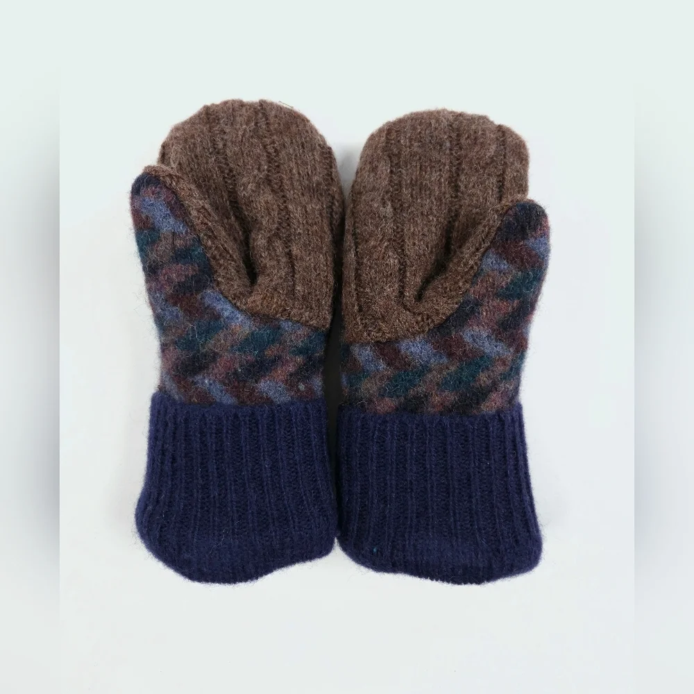 Upcycled Navy Blue and Brown Big Kids Wool Mittens Sherpa Lining Children's